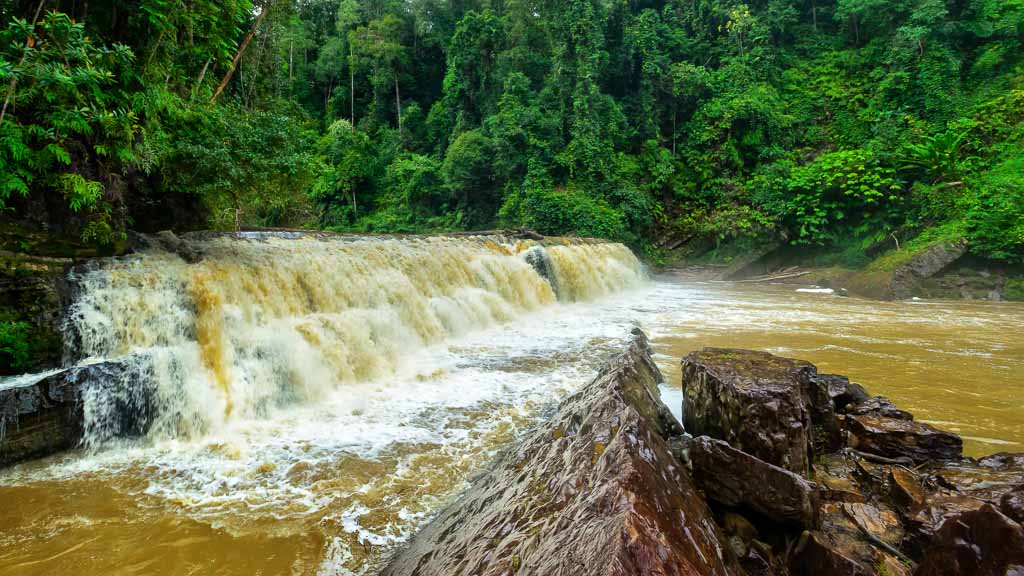 Muddy 30m-wide waterfall in rainforest, located at the entrance to Imbak Canyon, Sabah, Malaysia