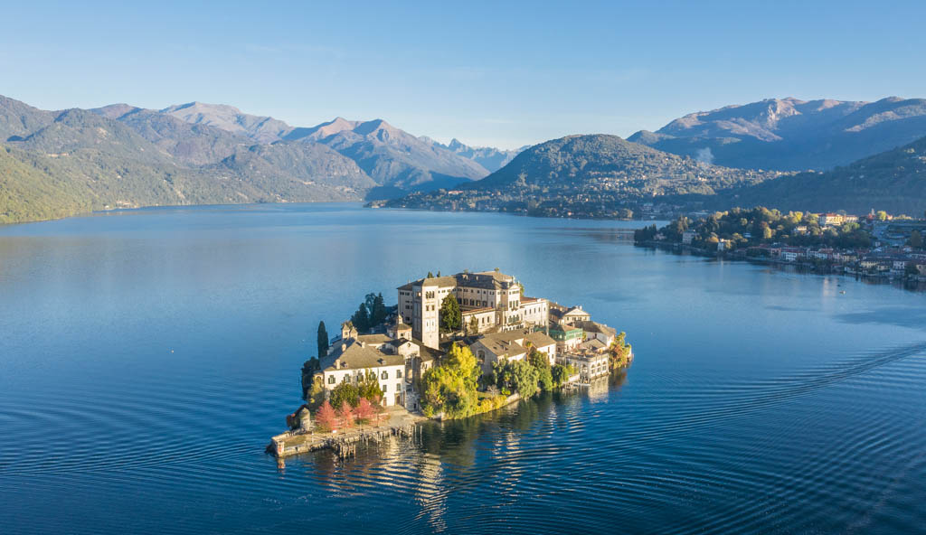 Italy, Piedmont, Lake of Orta. aerial view of the Island of San Giulio, on Lake of Orta, a small lake close to Lake Maggiore.