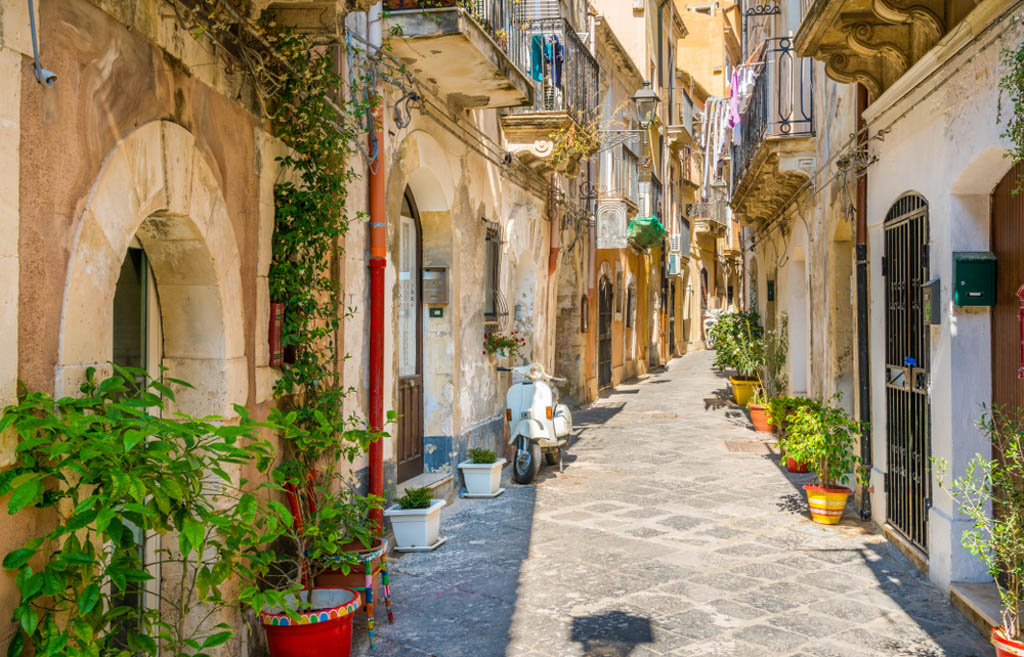 Picturesque street in Ortigia, Siracusa old town, Sicily, Italy
