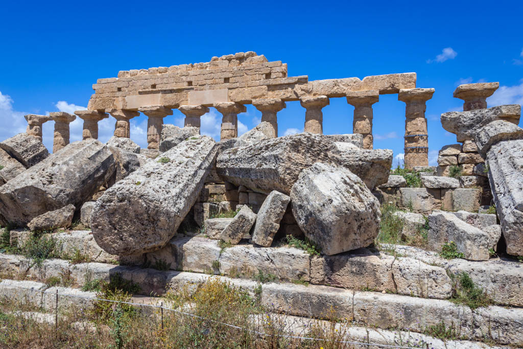 Columns in front of ruined Apollo Temple in Selinunte, Sicily, Italy
