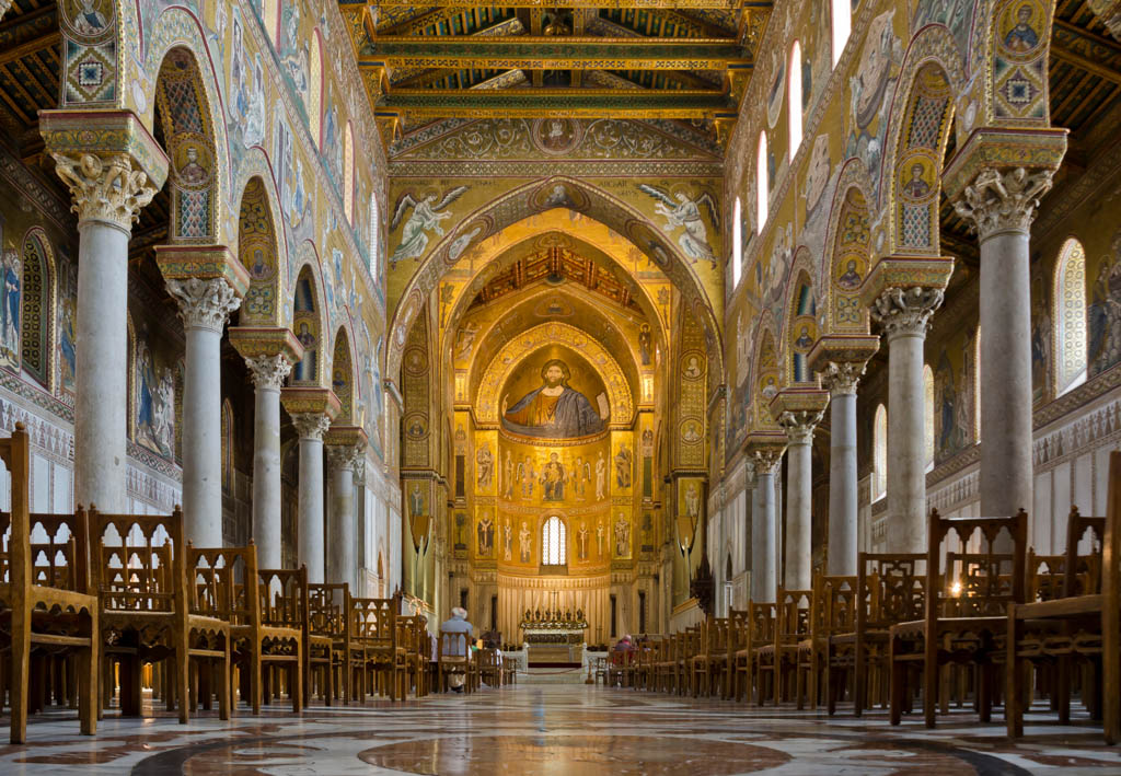 Monreale cathedral interior with nave, altar, and choir, Sicily, Italy