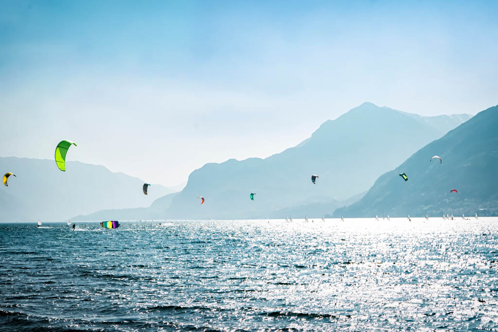 Kitesurfers on Lake Como, Italy