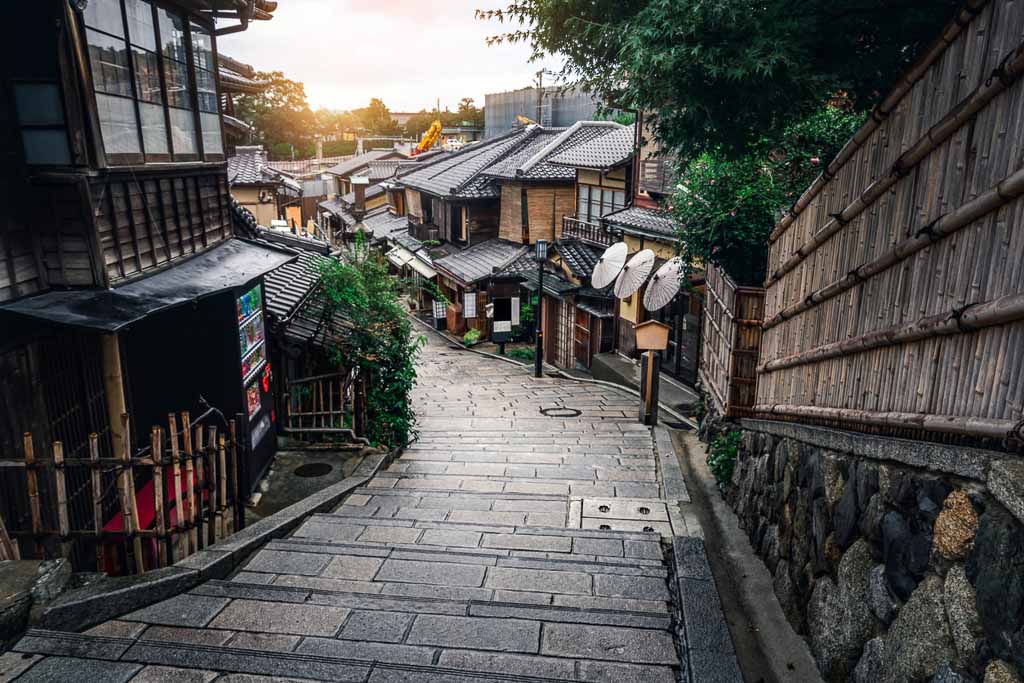 Beautiful street in old town of Higashiyama district, Kyoto City, Japan. The Higashiyama District is preserved historic districts. It is a great place to experience traditional old Kyoto culture.