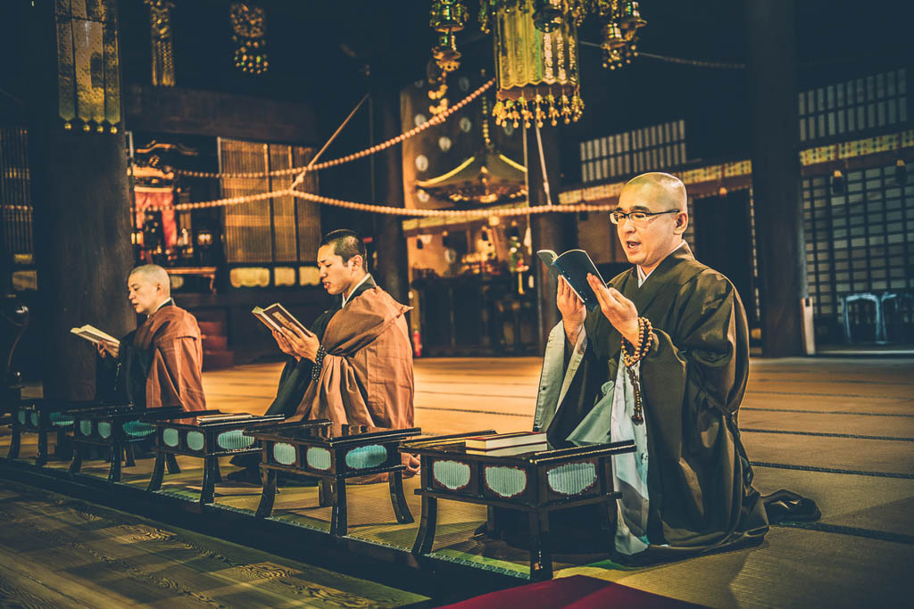 Monks Praying at Buddhist Chion-ji Temple in Kyoto, Japan
