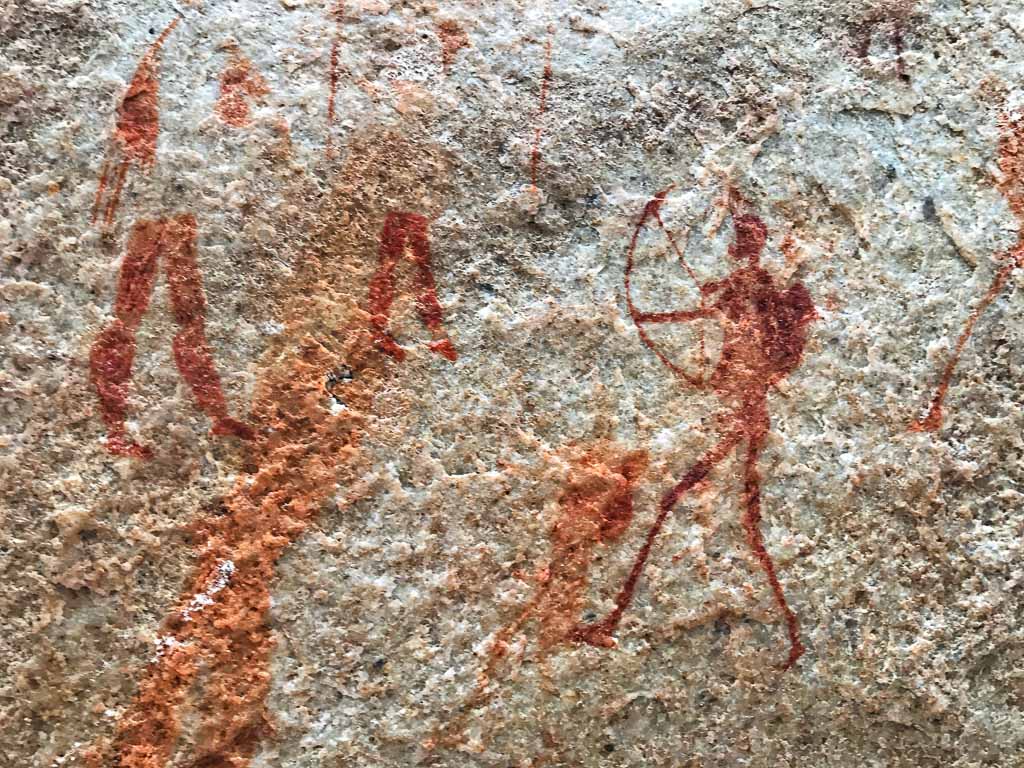 Close-up of ancient San cave paintings representing a archer ,in the Cederberg Mountain area in South Africa .