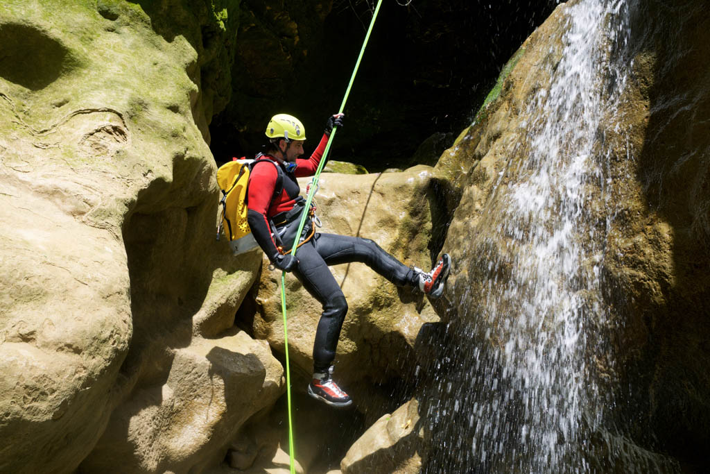 Canyoning in Fago Canyon, Pyrenees, Huesca Province, Aragon in Spain.