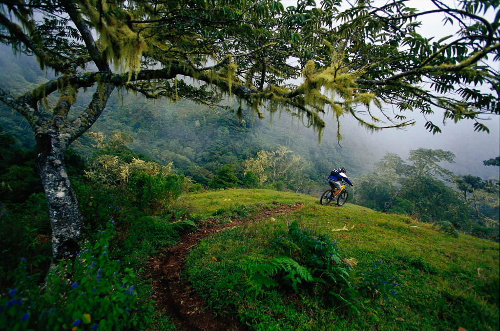 A man rides a downhill mountain bike trail in Costa Rica.