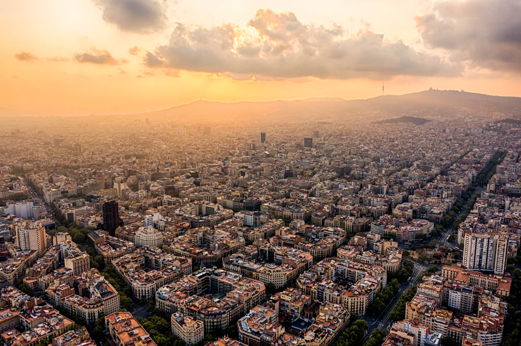 Aerial cityscape of Barcelona at Saint Joan Avenue, Eixample neighborhood