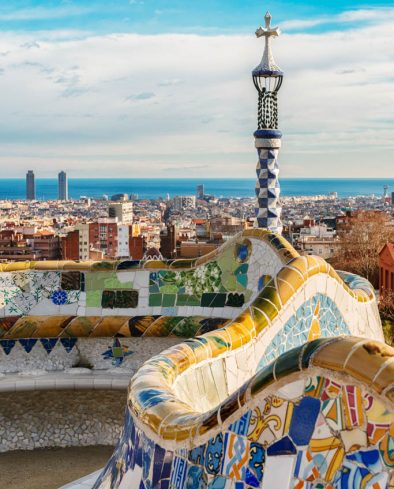 Barcelona cityscape in famous park Guell, Spain