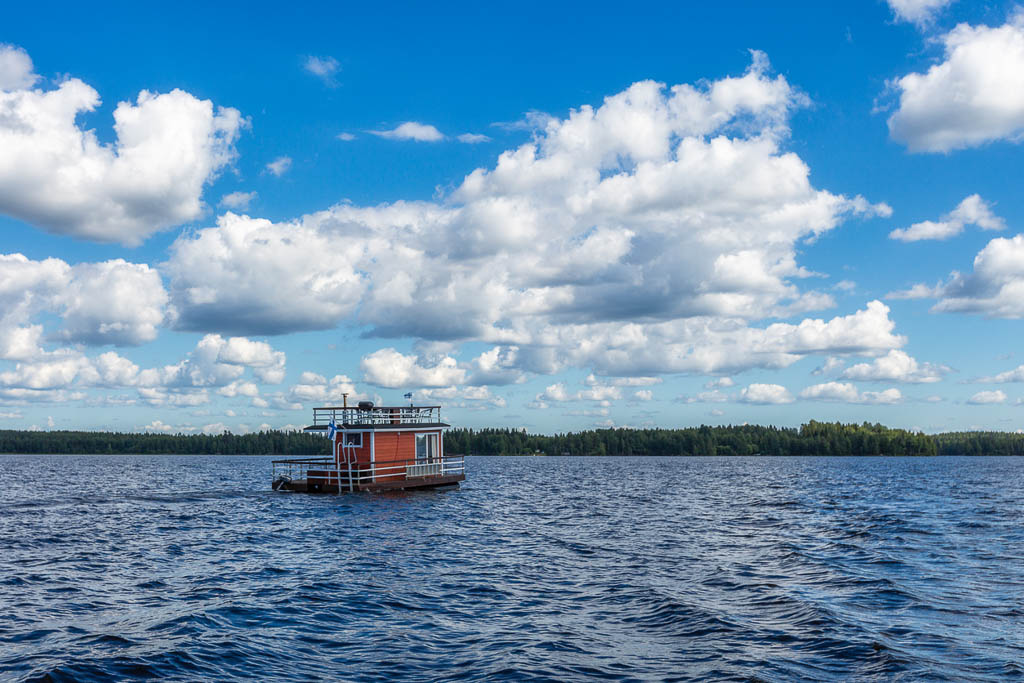 Floating sauna on the beautiful lake in Finland