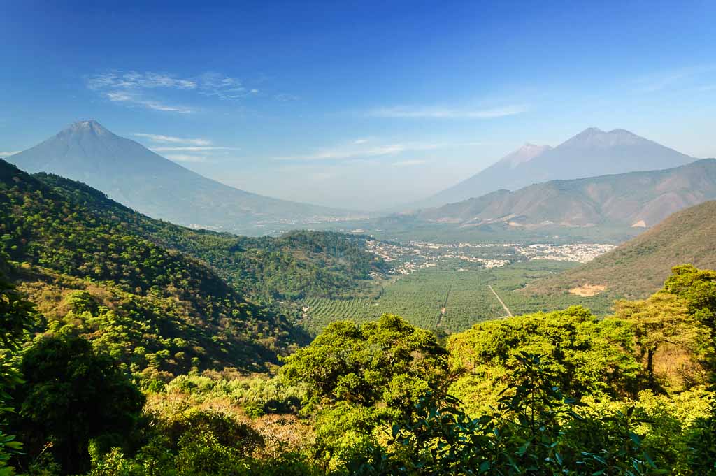 Three volcanoes: Agua, Fuego &amp; Acatenango, near Antigua, Guatemala, Central America