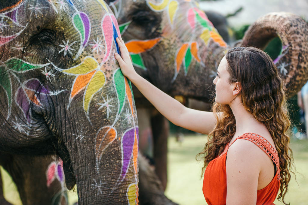 Woman touching a decorated elephant.