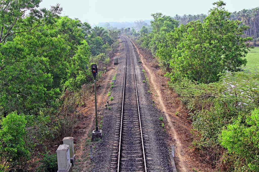 Aerial view of single railway track passing through scenic countryside in India