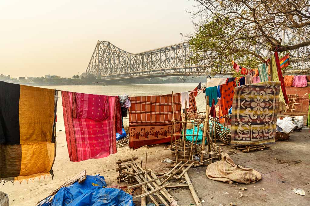 Laundry hanging to dry at Mallick Ghat on Hooghly or Ganga river bank in Kolkata. India