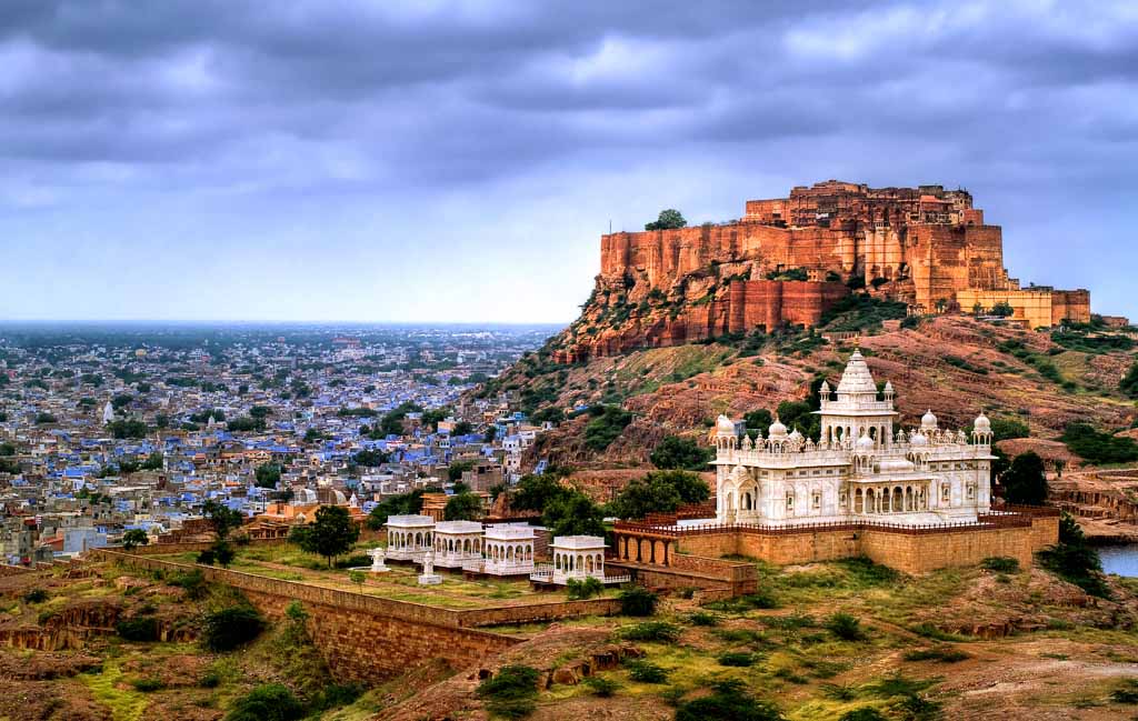 Mehrangharh Fort and Jaswant Thada mausoleum in the Blue city Jodhpur, Rajasthan, India