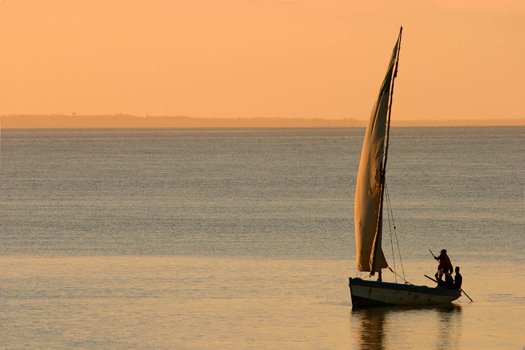 Traditional sail boat called a dhow at sunset, Vilanculos coastal sanctuary, Mozambique, southern Africa