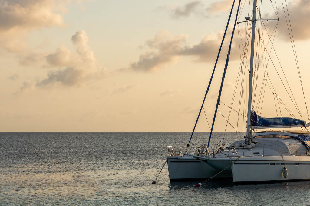 Catamaran boat in the Carribean sea at sunset