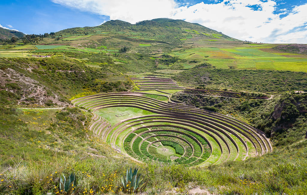 View of the circular terraced depressions of the Inca archeological ruin site at Moray, near Cusco, Peru
