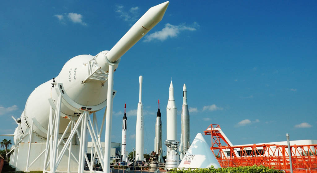 The Rocket Garden at Kennedy Space Center with the historic Saturn 1-B rocket in the foreground. The Saturn 1-B was used prior to the development of the Saturn V rocket. It propelled astronauts into Earth orbit for test flights and work on Skylab.