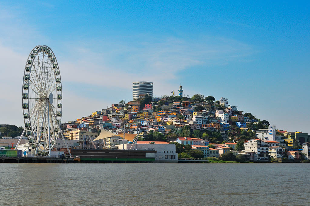 Colorful Santa Ana hill in Guayaquil from Guayas River.