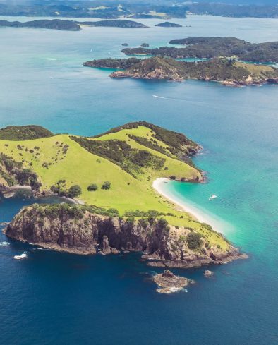 An aerial view over the Bay of Islands in New Zealand's Northland Region.