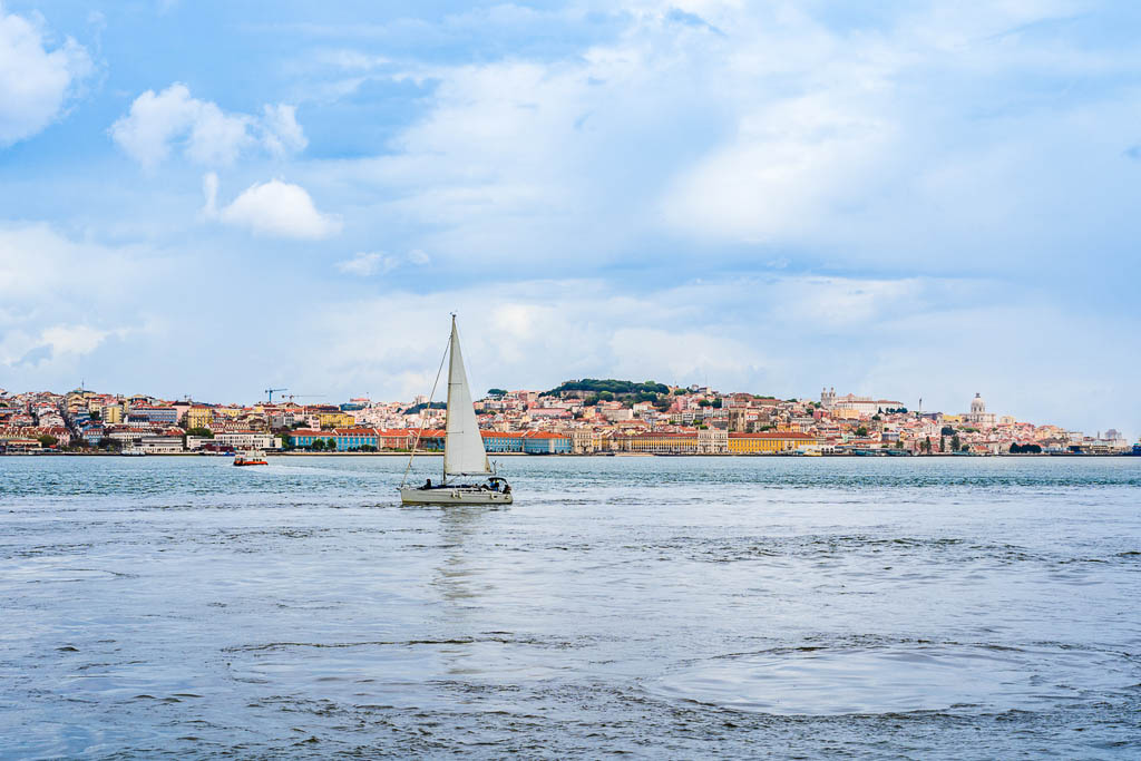 Lisbon, Portugal: Sailboat ride towards the old town of Lisbon on the Tagus river estuary