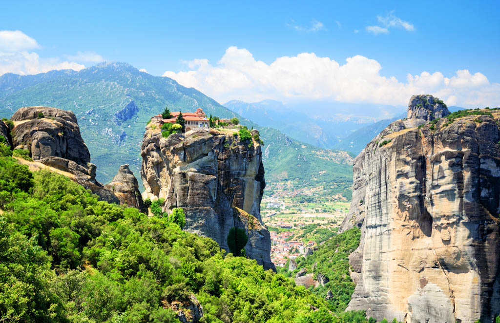 Monastery of the Holy Trinity (1475-76), Meteora, Greece. The monastery was featured in the 1981 James Bond film, "For Your Eyes Only". Composite photo