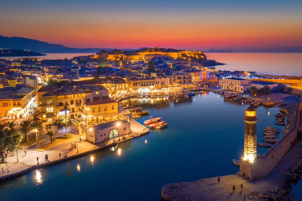Rethymno city at Crete island in Greece. Aerial view of the old venetian harbor.