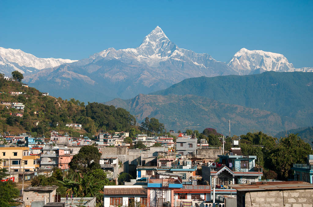 City of Pokhara with Majestic Machapuchare mountain in background