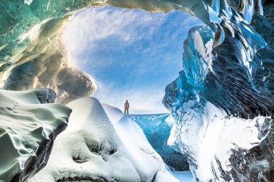 Inside the Breidamerkurjokull ice cave in South East Iceland. Breidamerkurjokull is an outlet glacier of the larger glacier of Vatnajokull in South East Iceland.