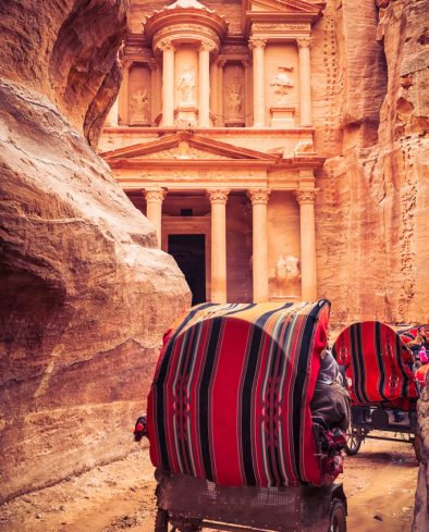 horse-drawn carriage at the end of the Siq in Petra (Al Khazneh)