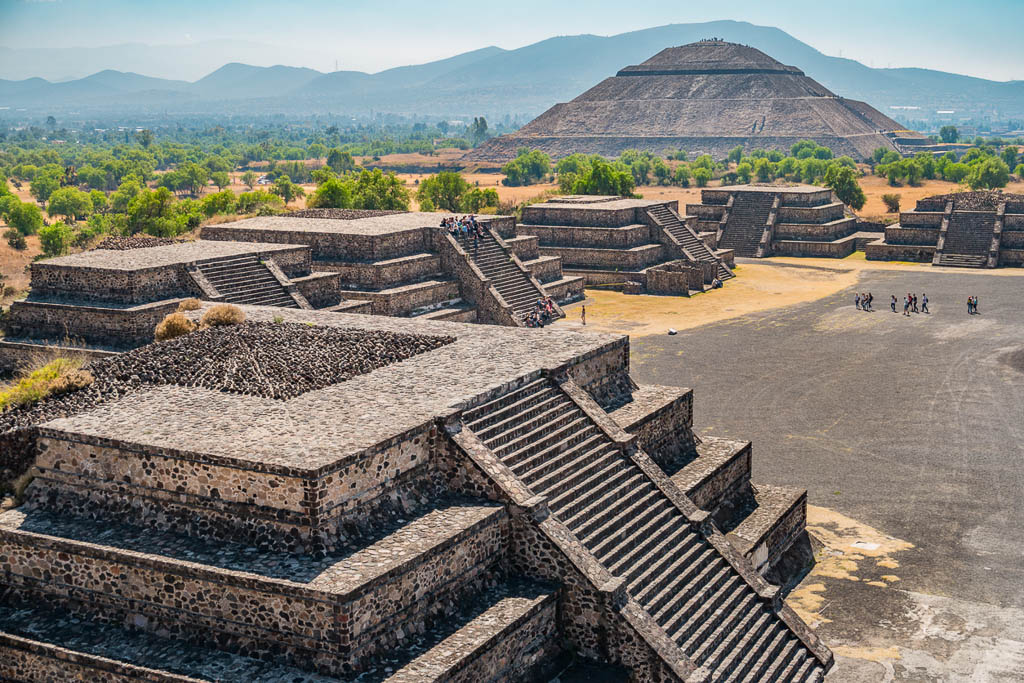 Photo from above of the Teotihuacan pyramids, near Mexico City, Mexico. Teotihuacan was an ancient city, known today as the site of many of the most architecturally significant Mesoamerican pyramids built in the pre-Columbian Americas.