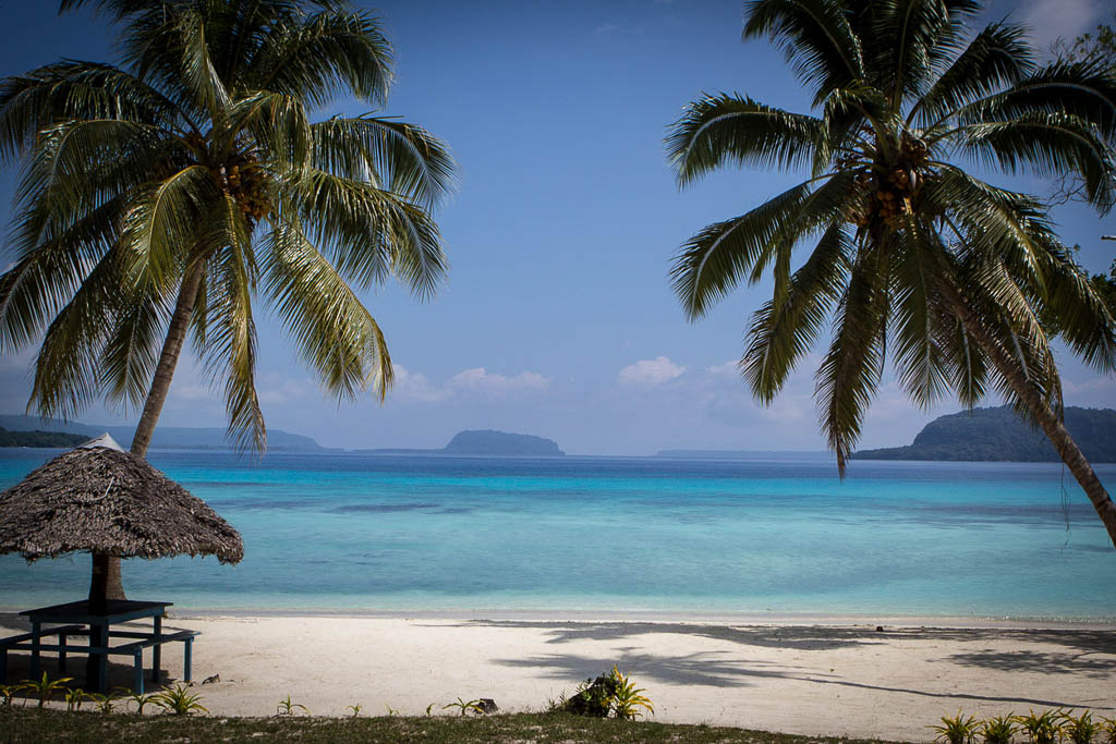 View of the beach and outlying islets around Espiritu Santo, Vanuatu.