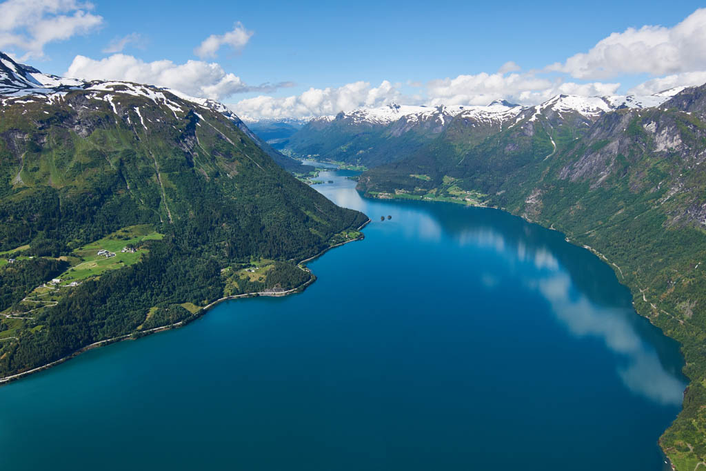 Aerial view of a fjord in Norway