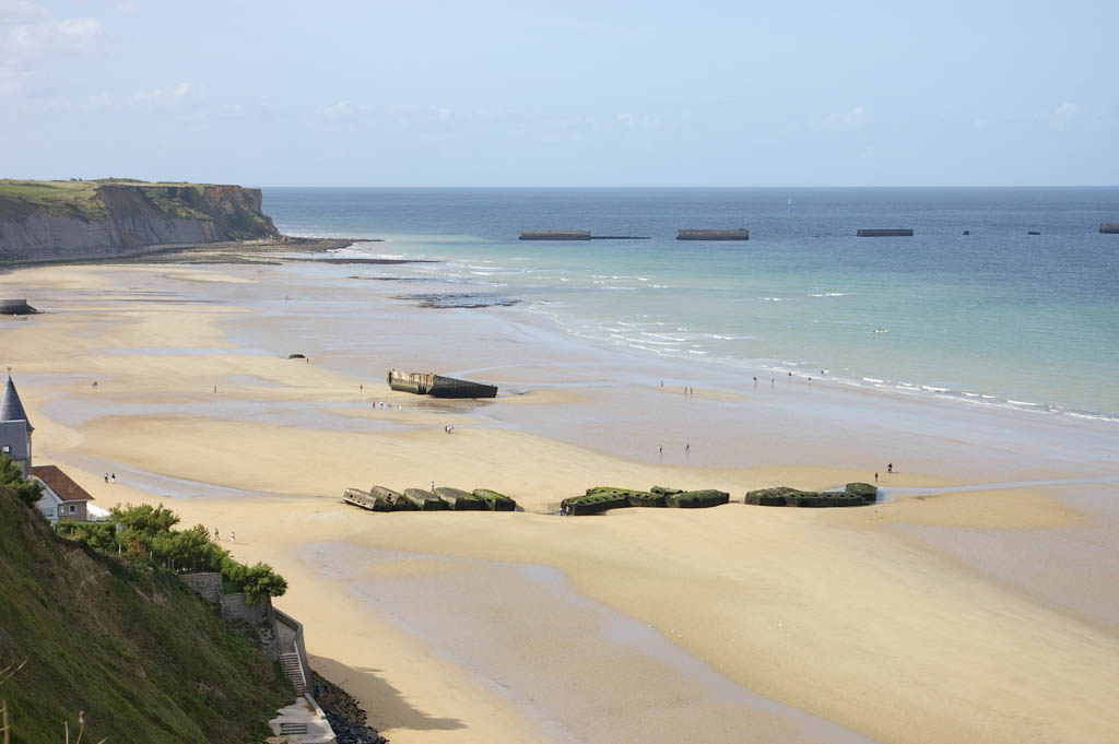 The floating port of Arromanche used during Worl War II, also known as Mulberry port, was built for serving the troops on the beach of Arromanche, Normandy, France