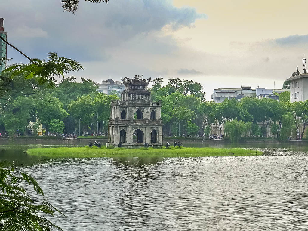 afternoon view of the turtle tower and hoan kiem lake in hanoi, vietnam