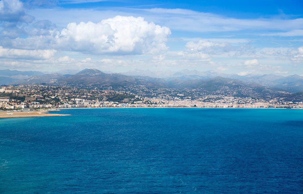 Cote d'Azur France. Beautiful panoramic aerial view city of Nice, France. Luxury resort of French riviera. View from the helicopter